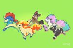  black_fur blitzle brown_fur from_side galarian_ponyta green_background keldeo keldeo_(ordinary) mudbray no_humans pokemon pokemon_(creature) ponyta signature simple_background squeegool two-tone_fur white_fur 