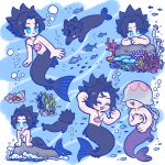  105zz 2boys :3 air_bubble animal_on_head arm_support arms_up black_hair blue_eyes bubble chibi chibi_only chinese_commentary clenched_hands closed_eyes coral covered_eyes crisis_core_final_fantasy_vii dancing final_fantasy final_fantasy_vii fish full_body happy hermit_crab jellyfish jewelry kunsel looking_down looking_to_the_side male_focus merman monster_boy monsterification multiple_boys multiple_views necklace on_head open_mouth seal_(animal) seaweed sharp_teeth shell shell_necklace short_hair smile spiked_hair teeth topless_male underwater zack_fair 