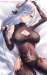  1girl arm_up bed_sheet black_bodysuit blue_eyes bodysuit braid braided_ponytail breasts cleavage cleavage_cutout clothing_cutout commentary_request covered_navel covered_nipples cowboy_shot eyes_visible_through_hair flower_knot from_above genshin_impact gloves grey_hair hair_over_one_eye highres hip_vent large_breasts long_hair looking_at_viewer lying on_back one_eye_covered paid_reward_available parted_lips partially_fingerless_gloves patreon_username sebu_illust see-through shenhe_(genshin_impact) shoulder_cutout single_braid solo tassel turtleneck very_long_hair 