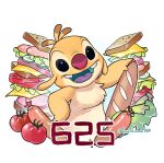 2025 alien ambiguous_gender anthro artist_name baguette biped black_eyes bread buckteeth cheese chest_tuft dairy_products digital_drawing_(artwork) digital_media_(artwork) disney experiment_(lilo_and_stitch) food fruit fur hand_on_hip hi_res kurokuma824 lilo_and_stitch looking_at_viewer male_(lore) meat open_mouth open_smile plant purple_tongue red_nose reuben_(lilo_and_stitch) sandwich_(food) sausage simple_background smile solo teal_mouth teeth text tomato tongue tuft yellow_body yellow_fur