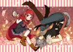  1boy 1girl amulet animal_ears bandana basket belt big_bad_wolf black_belt black_gloves black_shirt bloomers blush boots bottle bow brown_hair cape closed_mouth commentary_request dress expressionless fingerless_gloves flower footwear_bow frilled_bow frilled_cuff frilled_dress frills from_side fur_shawl gloves grey_hair grey_pants hand_grab hebino_rai highres holding holding_basket humanization little_red_riding_hood_(fairy_tale) little_red_riding_hood_(fairy_tale_character) long_hair looking_at_viewer medium_hair original pants parted_lips personification petals red_bandana red_bow red_cape red_eyes shawl shirt sleeveless sleeveless_shirt smile tail upside-down white_bloomers wolf_boy wolf_ears wolf_tail wrist_cuffs 