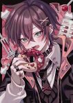  1boy absurdres black_jacket black_nails black_necktie black_sweater blush candy collared_shirt commentary donut ear_piercing eating fang food green_eyes hair_between_eyes hair_ornament highres holding holding_donut holding_food hood hood_down hooded_jacket jacket lollipop long_sleeves looking_at_viewer male_focus nail_polish necktie open_clothes open_jacket open_mouth original piercing pill red_background shirt skin_fang solo suzaku_(zaku6584) sweater syringe upper_body white_shirt x_hair_ornament 