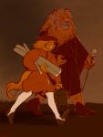 absurd_res anthro barbary_lion bird_dog bodily_fluids boypretties cane canid canine canis canvas clothing domestic_dog duo erection erection_under_clothing felid footwear hi_res holding_object hunting_dog leggings legwear lion male male/male mammal orange_body orange_clothing pantherine shoes spaniel sweat sweatdrop white_clothing white_leggings white_legwear wooden_box yellow_body