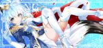  1girl ahoge aiguillette animal_ears aqua_eyes blue_background blue_jacket braid cape closed_mouth crown elbow_gloves epaulettes floating fox_ears fox_girl fox_tail fur-trimmed_cape fur_trim gloves gold_crown gold_trim highres hiyashinssu hololive jacket knees_up long_hair looking_at_viewer military_jacket miniskirt official_alternate_costume pointed_crown reclining red_cape shirakami_fubuki shirakami_fubuki_(fbkingdom) side_braid skirt smile solo tail thighhighs virtual_youtuber watermark white_gloves white_hair white_skirt white_thighhighs 