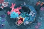  air_bubble bubble corsola goldeen gyarados horns magikarp no_humans open_mouth pokemon pokemon_(creature) red_eyes shellder signature single_horn squeegool teeth tongue tongue_out underwater 