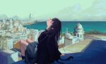  1girl absurdres arm_support arms_at_sides beach black_choker black_hair black_jacket choker city cityscape closed_eyes closed_mouth cloud commentary day dome english_commentary facing_up full_body grey_skirt highres jacket long_hair meteorecho ocean on_rooftop open_clothes open_jacket original outdoors rooftop sand scenery shade shadow shirt sitting skirt solo sunlight tower tree white_shirt 