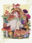 1girl :3 :d acorn animal animal_ear_fluff animal_ears animal_on_head arms_on_knees autumn autumn_leaves bangs berry black_footwear blue_eyes border brown_capelet brown_hair bug butterfly capelet conago2 deer deer_ears deer_girl dot_nose ears_through_headwear fawn floral_print flower flower_wreath fly_agaric food from_side fruit full_body grapes grass head_on_hand head_wreath hugging_own_legs knees_up lace-trimmed_skirt lace_trim leaf light_blush long_hair long_sleeves looking_at_viewer mori_girl mushroom nature on_grass on_head open_mouth original outdoors outside_border pinecone pink_flower plant purple_flower shoes sitting skirt sleeping smile solo squirrel teeth tree_stump upper_teeth_only white_border white_butterfly white_skirt yellow_background yellow_flower 
