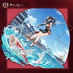  1girl architecture azur_lane black_hair boat carp covered_mouth east_asian_architecture fishing_rod highres manjuu_(azur_lane) multicolored_hair official_alternate_costume official_art promotional_art red_eyes river scarf scarf_over_mouth two-tone_hair u-47_(azur_lane) watercraft white_hair 