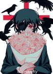  1girl artist_name bird black_hair black_jacket bouquet chainsaw_man claireiosity covered_mouth crow eyepatch formal himeno_(chainsaw_man) holding holding_bouquet jacket looking_at_viewer red_eyes red_theme shirt short_hair simple_background solo suit suit_jacket tombstone white_background white_shirt 