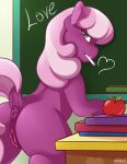  anus apple aries84 butt chalkboard cheerilee_(mlp) colored equid equine female feral friendship_is_magic fur genitals hair hasbro hi_res looking_at_viewer looking_back looking_back_at_viewer mammal mature_female my_little_pony pink_hair purple_body purple_fur pussy solo 