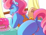 anus apron apron_only aries84 big_butt blue_body butt cake clothed clothed_feral clothing colored dessert equid equine female feral food friendship_is_magic genitals hair hasbro hi_res looking_at_viewer looking_back looking_back_at_viewer mammal mature_female mostly_nude mrs._cake_(mlp) my_little_pony pink_hair pussy solo 