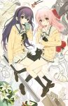  2girls baseball_bat bento black_cat black_hairband black_socks box bra brown_shoes can cardboard_box cat cellphone chopsticks condom english_commentary flower food hairband highres holding holding_baseball_bat holding_phone kimi_to_kanojo_to_kanojo_no_koi. ladle loafers long_hair long_sleeves mota_(motaberrie) mukou_aoi_(totono) multiple_girls onigiri phone pink_hair pleated_skirt purple_hair red_eyes sailor_collar school_uniform shoes skirt smartphone socks sone_miyuki underwear unworn_bra white_bra white_flower white_sailor_collar white_skirt 