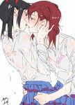  2girls adversarial_noise black_hair blue_skirt blush bra commentary hands_on_another&#039;s_waist hashtag-only_commentary highres imminent_kiss love_live! love_live!_school_idol_project medium_hair multiple_girls nishikino_maki open_mouth pink_bra plaid_clothes plaid_skirt pleated_skirt purple_bra purple_eyes red_eyes red_hair see-through_clothes see-through_shirt shirt skirt surfacedxxc twintails underwear wet wet_clothes wet_shirt white_shirt yazawa_nico yuri 