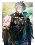 1boy alhaitham_(genshin_impact) antenna_hair biceps black_gloves black_shirt blurry blurry_background border cable cape chest_jewel closed_mouth commentary_request compression_shirt covered_abs domo_(domo_kizusuki) elbow_gloves gem genshin_impact gloves gold_trim green_cape green_eyes green_gemstone green_hair green_sash grey_hair hair_over_one_eye headphones highres looking_at_viewer male_focus multicolored_hair muscular muscular_male one_eye_covered outside_border parted_bangs pectorals sash serious shirt short_hair sleeveless sleeveless_shirt solo tree v-shaped_eyebrows vision_(genshin_impact) white_border 
