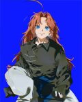  1boy aged_down ahoge alternate_hairstyle black_shirt blue_background blue_eyes blue_sash brown_hair chinese_clothes closed_mouth collared_shirt gintama grey_pants highres kamui_(gintama) long_hair long_sleeves looking_at_viewer male_focus messy_hair nong1ji pants parted_bangs sash shirt sitting sleeves_past_wrists smile solo 