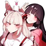  &gt;:( 2girls ;) absurdres bangs black_hair blunt_bangs bow buttons collared_shirt commentary_request fujiwara_no_mokou grey_hair hair_bow highres houraisan_kaguya long_hair long_sleeves looking_at_viewer multiple_girls one_eye_closed red_eyes shirt smile somei_ooo suspenders sweatdrop touhou two-tone_bow v-shaped_eyebrows white_shirt 