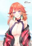  1girl absurdres blush borrowed_clothes breasts closed_mouth earrings feather_earrings feathers gradient_hair green_highlights highres hololive hololive_english jacket jewelry large_breasts long_hair long_sleeves looking_at_viewer multicolored_hair multicolored_jacket one-piece_swimsuit orange_hair oversized_clothes purple_eyes simple_background smile solo swimsuit takanashi_kiara two-tone_jacket virtual_youtuber xu_chin-wen 