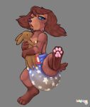 anthro bodily_fluids canid canine canis dachshund diaper digital_drawing_(artwork) digital_media_(artwork) domestic_dog female genital_fluids hi_res hunting_dog jjunebugz looking_at_viewer looking_tired mammal open_mouth plushie shaded signature sketch solo spread_legs spreading unclean_diaper urine used_diaper wet_diaper yawn