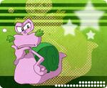 anthro escargoon facial_hair gastropod goatee green_shell kirby:_right_back_at_ya! kirby_(series) kouhakugohan looking_at_viewer low_res male mature_anthro mature_male mollusk nintendo pattern_background purple_body screentone shell simple_background snail solo star thinking_pose y2k_(graphic_design)