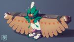 anthro bdsm bondage bound decidueye erection generation_7_pokemon genitals hi_res male muzzle_(object) muzzled n1k0 nintendo penis pokemon pokemon_(species) simple_background solo spread_arms wings