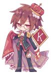  1boy absurdres ascot black_jacket black_pants black_shoes book brown_hair cape chibi chibi_only closed_mouth commentary_request crown frilled_cape full_body futaba969649 glasses highres holding holding_book jacket klug_(puyopuyo) long_sleeves looking_at_viewer male_focus pants pocket_watch puyopuyo red_cape red_crown red_eyes semi-rimless_eyewear shoes short_hair simple_background solo standing strange_klug under-rim_eyewear watch white_ascot white_background 