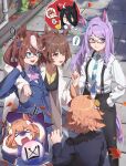  4girls ? ?? absurdres agnes_tachyon_(umamusume) black_pants brown_hair glasses highres manhattan_cafe_(umamusume) matikanefukukitaru_(umamusume) mejiro_mcqueen_(umamusume) multiple_girls panicking pants purple_hair shirt smile sweat tokai_teio_(umamusume) tuomali umamusume umayuru white_shirt 