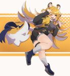  1girl :3 absurdres animal_ear_fluff animal_ears ass black_gloves black_shorts blonde_hair blue_ribbon blush cropped_jacket elbow_gloves fang fingerless_gloves fluff from_side gloves green_eyes half_updo high-waist_shorts highres huge_ass jacket ju_fufu jumping legs_together long_hair looking_at_viewer looking_back nade_arts nail_polish one_eye_closed open_mouth orange_hair paw_pose ribbon shoes short_shorts short_sleeves shorts simple_background skindentation smile socks solo standing striped_hair tail tail_ornament tail_ribbon thick_thighs thigh_strap thighs tiger_ears tiger_girl tiger_stripes tiger_tail white_background wide_hips yellow_jacket zenless_zone_zero 