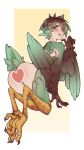  1girl absurdres animal_ears ass bird_ears bird_legs bird_tail black_feathers black_hair blush censored claws commentary commission english_commentary feathered_wings feathers gradient_hair gradient_wings green_eyes green_feathers green_hair green_wings heart heart_censor highres licking_lips looking_at_viewer looking_back messy_hair multicolored_hair multicolored_wings nude original shinbun_n short_hair smile solo tail talons tongue tongue_out two-tone_background white_background winged_arms wings yellow_background 