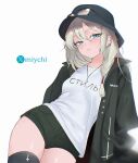  1girl asymmetrical_legwear aviator_sunglasses black_coat black_hat black_shorts blonde_hair blue_eyes braid bucket_hat closed_mouth clothes_writing coat commentary commission cross cross_necklace earrings english_commentary eyewear_on_head hair_between_eyes hat highres inverted_cross jewelry long_hair looking_at_viewer miychi multiple_earrings necklace original russian_text shirt shorts side_braid simple_background single_thighhigh solo sunglasses thighhighs translated white_background white_shirt yume_(shuii) 