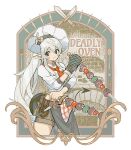  1girl alpaca_carlesi belt black_sailor_collar chef_hat commentary curled_horns demon_girl demon_horns dual_wielding english_text food fork hat high_ponytail highres holding holding_sword holding_weapon horns knife looking_at_viewer mittens neckerchief original oven_mitts pointy_ears ponytail red_neckerchief sailor_collar shirt short_shorts shorts single_mitten solo spatula spoon sword weapon white_hair white_hat white_shirt 