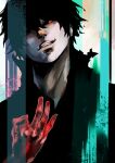  1girl absurdres bangs black_eyes black_hair black_reaper black_sclera black_shirt colored_sclera colored_skin grin heterochromia highres kaneki_ken kyuuba_melo looking_at_viewer multicolored_background orange_eyes red_skin shirt short_hair smile solo teeth tokyo_ghoul tokyo_ghoul:re upper_body 