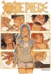  2girls 5boys absurdres antlers arms_behind_back black_hair blonde_hair blood blood_from_mouth blood_on_face blue_hair blue_nose blue_shirt breasts cigarette cleavage closed_eyes copyright_name cowboy_shot english_commentary facing_viewer goggles grey_hair hat high_ponytail highres holding holding_staff holding_sword holding_weapon horns jolly_roger kaizer_(kaizerxking) katana long_hair long_nose monkey_d._luffy mouth_hold multiple_boys multiple_girls nami_(one_piece) nefertari_vivi one_piece open_mouth orange_hair parted_bangs pink_hat ponytail profile reindeer_antlers reindeer_boy roronoa_zoro sanji_(one_piece) scar scar_on_cheek scar_on_face serious shirt short_hair short_shorts short_sleeves shorts smile staff straw_hat_pirates straw_hats_jolly_roger sword teeth teeth_hold tongue tongue_out tony_tony_chopper twitter_username upper_body usopp weapon 