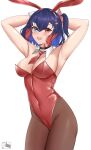  1girl airi_cordelia animal_ears armpits arms_up artist_name blue_eyes blue_hair breasts choker cleavage covered_navel detached_collar dynorz fake_animal_ears hair_ornament heterochromia highleg highleg_leotard highres leotard multicolored_hair necktie nijisanji nijisanji_id pantyhose playboy_bunny rabbit_ears red_eyes red_hair side_ponytail simple_background solo virtual_youtuber wrist_cuffs 