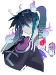  1girl absurdres brown_eyes closed_mouth cropped_torso ghost_miku_(project_voltage) hatsune_miku highres hitodama number_tattoo pill pokemon project_voltage simple_background sleeves_past_fingers sleeves_past_wrists tattoo twintails upper_body vocaloid white_background yaoyaore 