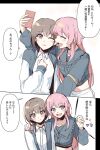  2girls bang_dream! bang_dream!_it&#039;s_mygo!!!!! blush brown_hair chihaya_anon commentary_request fang grey_hair highres jacket long_hair long_sleeves misumi_suki multiple_girls open_mouth pink_hair short_hair simple_background takamatsu_tomori translation_request yuri 