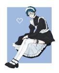  1boy absurdres alternate_costume apron black_dress black_shoes blue_background blue_hair border closed_mouth clothes_lift commentary_request crossdressing dress dress_lift enmaided frilled_apron frilled_thigh_strap frills full_body hair_between_eyes heart highres invisible_chair juliet_sleeves long_sleeves looking_at_viewer maelo maid maid_apron maid_headdress male_focus male_maid meguriya_ayumu puffy_sleeves shoes short_hair sitting smile solo thigh_strap thighhighs toshi_densetsu_kaitai_center white_apron white_border white_thighhighs 