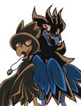 absurd_res ambiguous_gender avian avian_feet back_to_back beak bird black_body black_feathers blue_body blue_feathers corvid corvisquire corvus_(genus) crow duo feathered_wings feathers feral generation_2_pokemon generation_8_pokemon hi_res jewelry looking_at_another murkrow necklace necklace_only nintendo nude open_mouth oscine passerine pokemon pokemon_(species) pseudo_clothing red_eyes scales shoulder_bump simple_background white_background wings zecret_colors
