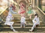  blue_hair boots brown_boots curly_hair dress food-themed_hair_ornament green_dress hair_ornament hat highres idolmaster idolmaster_shiny_colors ikuta_haruki kuwayama_chiyuki long_hair megurine_luka official_art orange_hair_ornament osaki_amana osaki_tenka pink_hair red_hair shirt shoes sitting sitting_on_stairs skirt stairs suzuki_hana white_shoes 