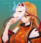  1girl arong bangs blonde_hair blue_background collar collared_shirt commentary_request constellation constellation_print detached_sleeves fox_mask long_hair long_sleeves looking_at_viewer mask mask_on_head matara_okina no_headwear orange_eyes orange_sleeves shirt smile solo sun_symbol tabard touhou twitter_username upper_body wide_sleeves 