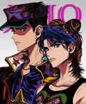  1boy 1girl absurdres animal_print black_hair black_headwear blue_eyes blue_hair butterfly_print coat copyright_name double_bun earrings father_and_daughter hair_bun hand_print highres jewelry jojo_no_kimyou_na_bouken korean_commentary kujo_jolyne kujo_jotaro lips looking_at_viewer multicolored_hair my_nameisyoon open_clothes open_coat star_(symbol) stone_ocean stud_earrings tank_top 