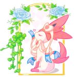 1:1 2025 ambiguous_gender astella1204 bow_(anatomy) eeveelution eyelashes eyes_closed feral flower fur generation_6_pokemon heart_background heart_symbol nintendo paws pink_body pink_fur plant pokemon pokemon_(species) ribbons_(anatomy) rose_(flower) signature simple_background sitting solo sylveon tail white_body