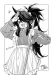  1boy :d apron artist_logo blush broom commentary_request cowboy_shot crossdressing ferea_bimi frilled_apron frills greyscale hair_over_one_eye hand_up highres holding holding_broom jacket jersey_maid logo long_hair long_sleeves maid maid_apron maid_headdress male_focus male_maid mao_(toudou-kun_chi_no_maid_shota) monochrome notice_lines official_art screentones sidelocks signature smile solo toudou-kun_chi_no_maid_shota track_jacket trap unconventional_maid zipper_pull_tab 