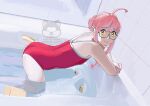  1girl ahoge all_fours alternate_costume alternate_hairstyle aqua-framed_eyewear ass bathroom bathtub braid braided_bun competition_school_swimsuit glasses hair_bun highres kantai_collection looking_at_viewer makigumo_(kancolle) ojipon one-piece_swimsuit pink_hair red_one-piece_swimsuit school_swimsuit short_hair_with_long_locks solo swimsuit watermark yellow_eyes 