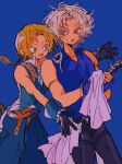  ! 2boys aqua_vest arm_belt armlet baggy_pants belt black_gloves blonde_hair blue_background blue_eyes blue_pants blue_vest blue_wrist_cuffs collared_vest colored_eyelashes cowboy_shot dagger dissidia_final_fantasy earrings final_fantasy firion gloves grey_hair holding holding_dagger holding_knife holding_weapon jewelry knife long_hair looking_at_another low_ponytail male_focus monkey_tail multiple_boys nayo_(kr_000515) open_mouth pants polishing ponytail simple_background spoken_exclamation_mark surprised sweatdrop tail toned toned_male too_many too_many_belts variant_set vest weapon wrist_cuffs yellow_eyes zidane_tribal 