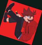  1boy antenna_hair black_border black_eyes black_pants black_shoes border bored brown_hair chinese_commentary cigarette closed_mouth commentary_request drawstring eddsworld frown full_body hair_behind_ear hair_horns hand_in_pocket highres holding holding_cigarette hood hood_down hoodie jitome knees_together_feet_apart knees_up long_sleeves looking_at_viewer male_focus midriff_peek no_nose pants puffy_long_sleeves puffy_sleeves purple_shirt red_background red_hoodie sakamoto_tatsuko shirt shoes short_hair simple_background sitting solo stuck_in_a_box tord_(eddsworld) upturned_eyes 