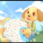 absurd_res ambiguous_gender animal_crossing anthro black_eyes blush blush_lines canid canine canis clothed clothing cloud detailed_background diaper domestic_dog female_(lore) floppy_ears food_print fruit_print fur goldie_(animal_crossing) grass hand_on_diaper hi_res jupiters legs_up lens_flare mammal nintendo outside pattern_clothing pattern_shirt pattern_topwear pawpads pink_pawpads plaid plaid_clothing plaid_shirt plaid_topwear plant plant_print shirt sitting sky solo tongue tongue_out topwear touching_diaper wearing_diaper yellow_body yellow_fur