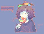  1girl arrow_(symbol) bags_under_eyes blush_stickers brown_hair candy comic_sans cropped_torso eating english_commentary english_text flying_sweatdrops food food_in_mouth grey_background hand_up happy hat holding holding_candy holding_food holding_lollipop lollipop long_sleeves medium_hair milk-chan_(milk_series) milk_inside_a_bag_of_milk_inside_a_bag_of_milk no_symbol nokojuice outline oversized_food oversized_object pale_skin print_sweater propeller_hat red_outline short_bangs signature simple_background smile solo speech_bubble sweater swirl_lollipop upper_body 
