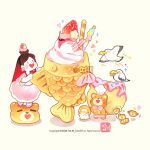  1girl 2024 artist_name bare_arms bear bird black_eyes black_hairband chibi cinnamon_stick copyright_notice cupcake dress duck earrings food food-themed_earrings food-themed_hair_ornament fruit gradient_hair hair_ornament hairband heart holding holding_sack ice_cream jewelry long_hair looking_at_food medium_dress motion_lines multicolored_hair original oversized_food oversized_object pink_dress pink_shoes red_hair sack seagull shoes short_sleeves simple_background socks solid_oval_eyes speed_lines sprinkles star_(symbol) straight_hair strawberry strawberry_earrings taiyaki talbi undersized_animal very_long_hair wagashi watermark white_background white_socks 