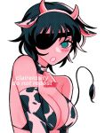  1girl animal_ears animal_print artist_name bell black_choker black_hair breasts chainsaw_man choker claireiosity cleavage cow_ears cow_horns cow_print cow_tail cowbell elbow_gloves eyepatch fake_animal_ears fake_tail gloves halftone highres himeno_(chainsaw_man) horns large_breasts looking_at_viewer open_mouth short_hair simple_background solo tail thighhighs white_background 