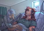  2girls absurdres bandaid bandaid_on_face bed blueliom buzz_cut chair closed_eyes glowing_veins gundam gundam_suisei_no_majo highres hospital hospital_bed hospital_gown indoors long_hair miorine_rembran multiple_girls on_bed pillow red_hair sad shirt short_hair sitting sleeping suletta_mercury very_short_hair white_shirt yuri 